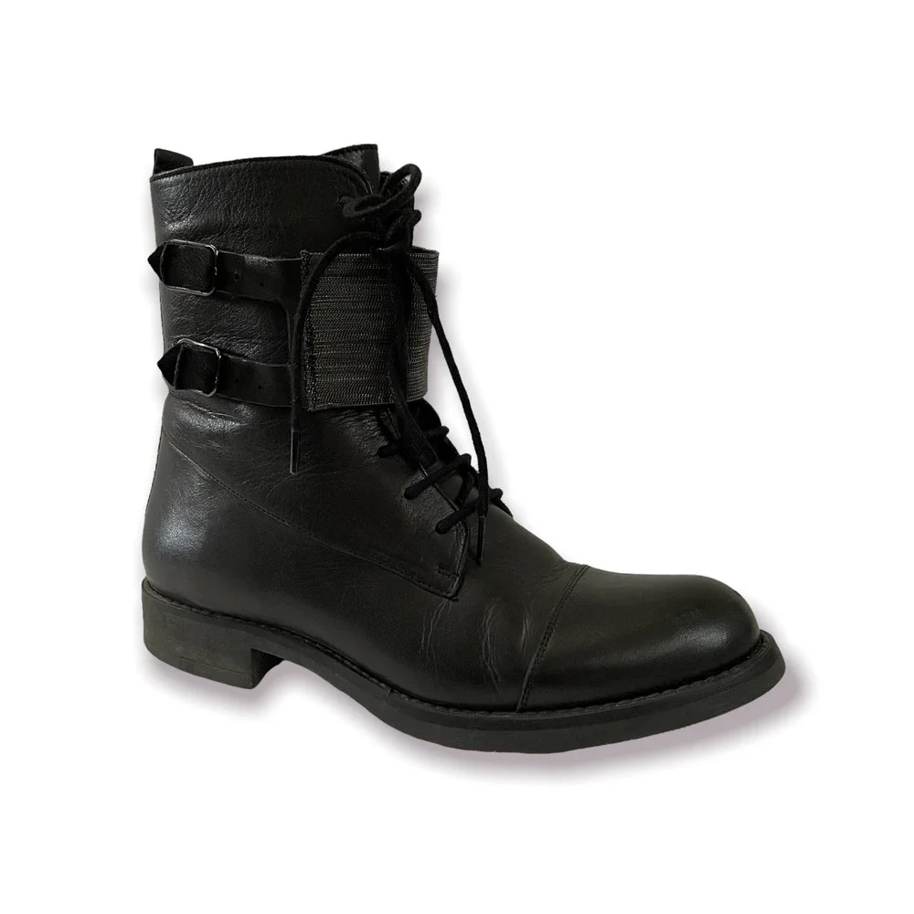 Vince Camuto Black Side Zipper Buckle Lace Up Moto Boots